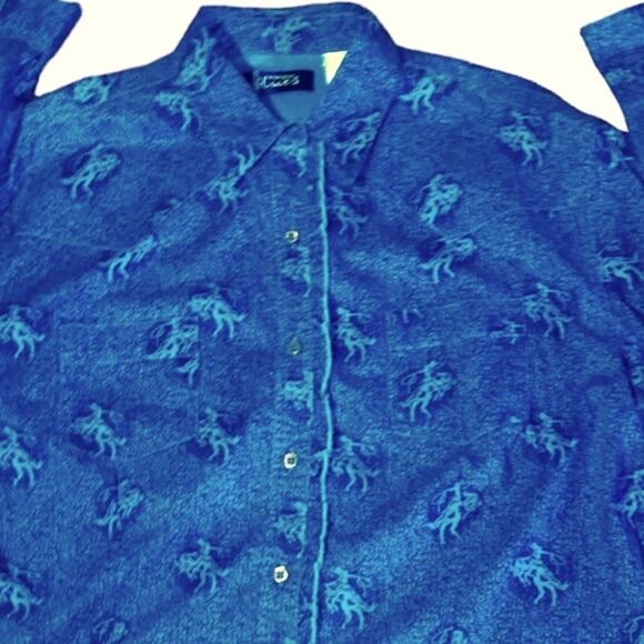 Wrangler Blues Sz XL Blue Ruffle Roping Bucking Bronco Horse Button Down Shirt - Picture 2 of 6
